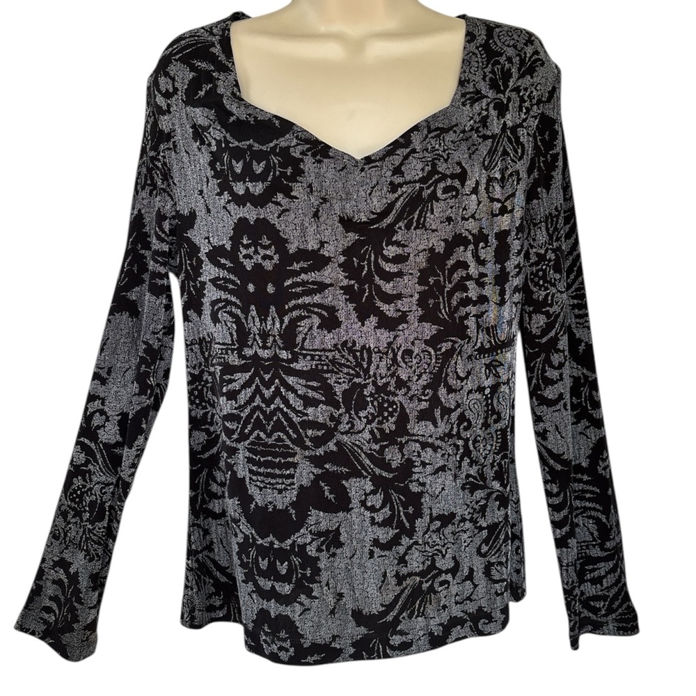 Kiara Women's Boho Sweetheart Neck Long Sleeve Travel Blouse Size M Black Gray